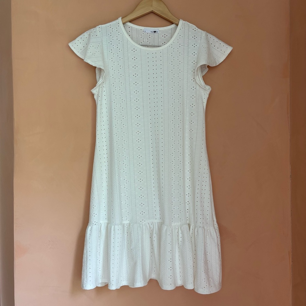 Mady & Nell White Eyelet Babydoll Dress Boho Chic Whimsy Cottagecore Prairie M